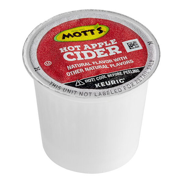 A white Mott's Hot Apple Cider K-Cup box with a red and black label.