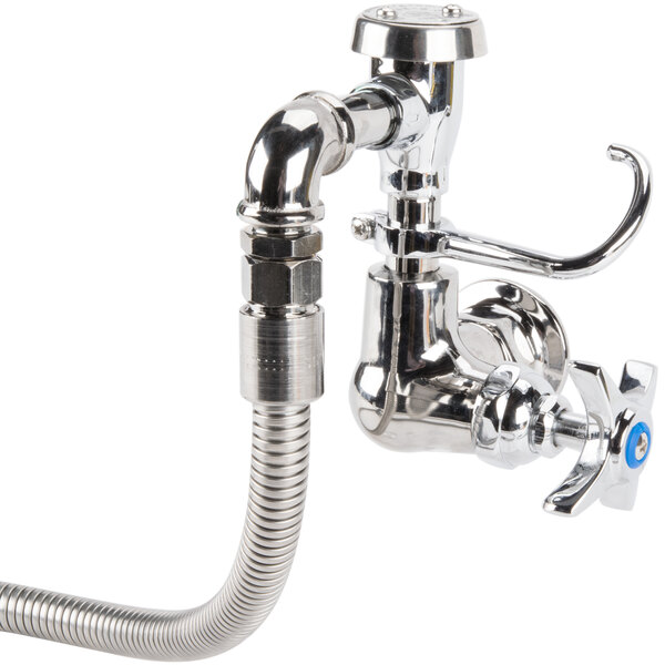 A silver T&S wall mounted pot filler faucet with a hose and 4-arm handle.
