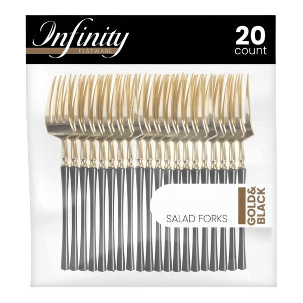 A package of Posh Setting gold and black plastic forks.