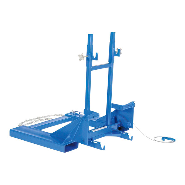 A blue metal Vestil trash can dumper with a chain attached.