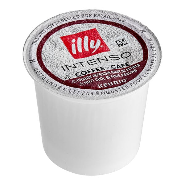 A white plastic container with a red and white label of illy Intenso Coffee Single Serve Keurig K-Cup Pods.
