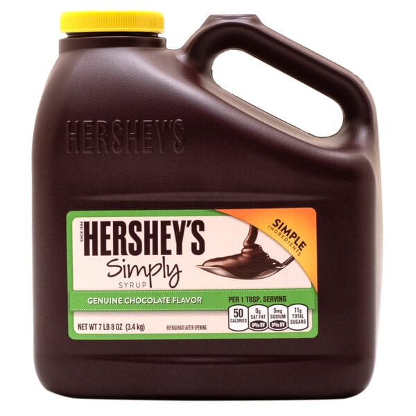 A brown plastic jug of Hershey's chocolate syrup.