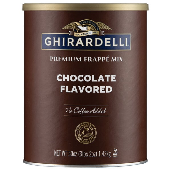 A brown Ghirardelli container of chocolate frappe mix.