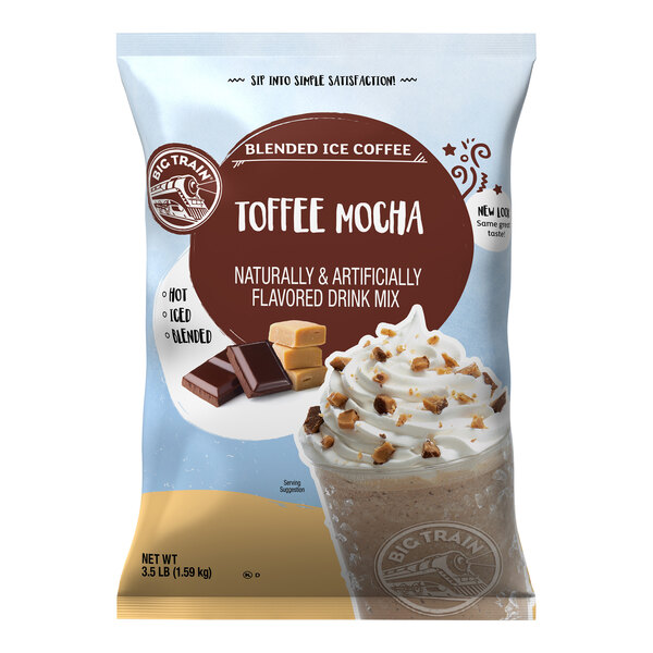 A bag of Big Train Toffee Mocha Blended Ice Coffee Mix.