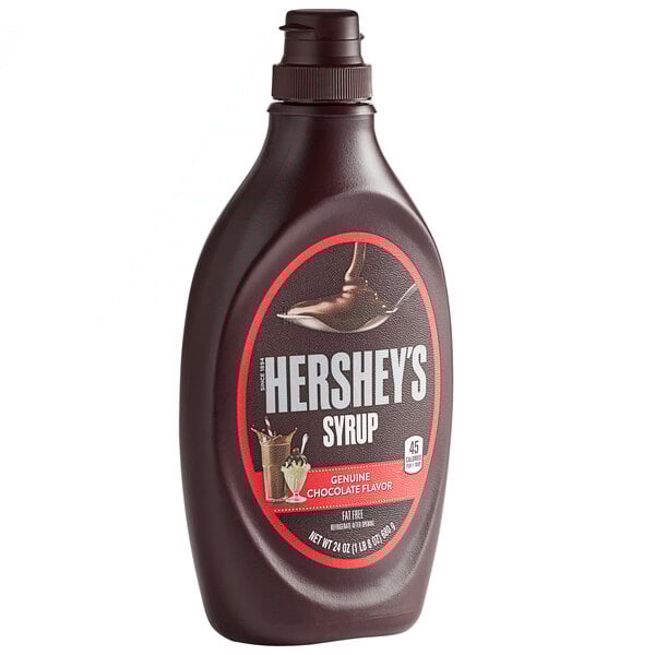 A case of 24 Hershey's chocolate syrup bottles.