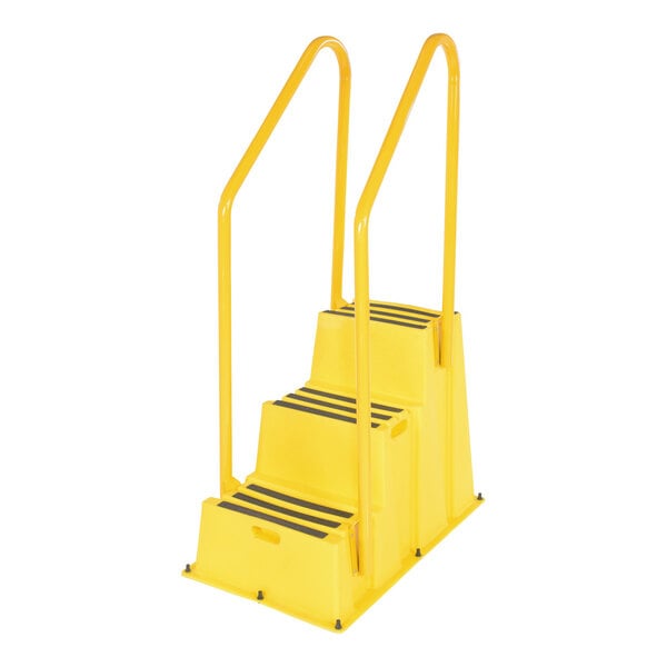 A yellow polyethylene three-step step stool with handrails and black anti-slip strips on each step.