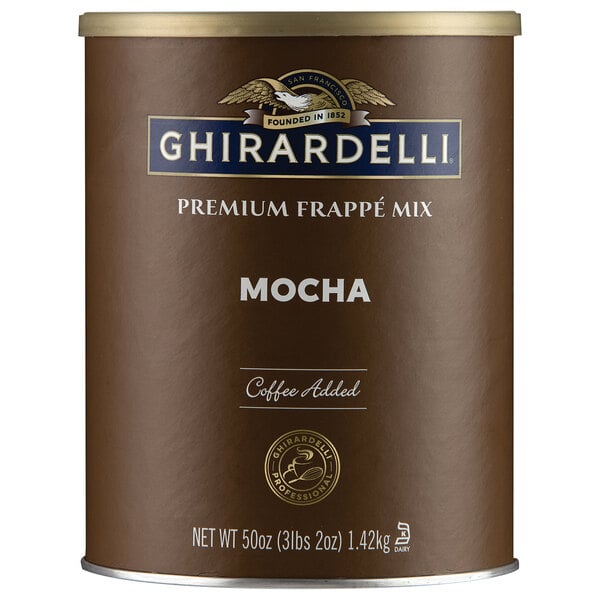 A case of Ghirardelli Mocha Frappe Mix with a close up of a bottle.