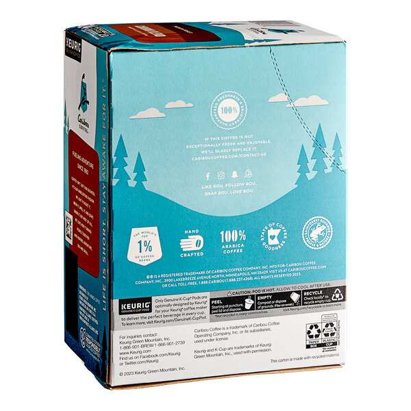 A box of Caribou Coffee Caribou Blend single serve K-Cup pods.