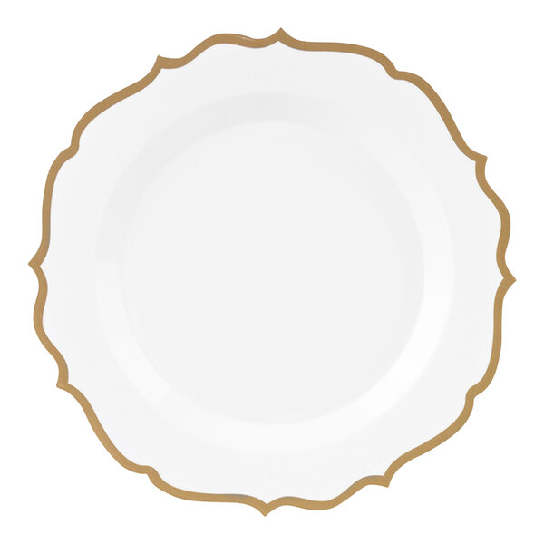 A white plastic plate with gold scalloped bands around the edge.