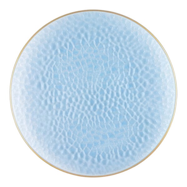 A close-up of a blue Posh Setting plastic coupe plate with a gold rim.