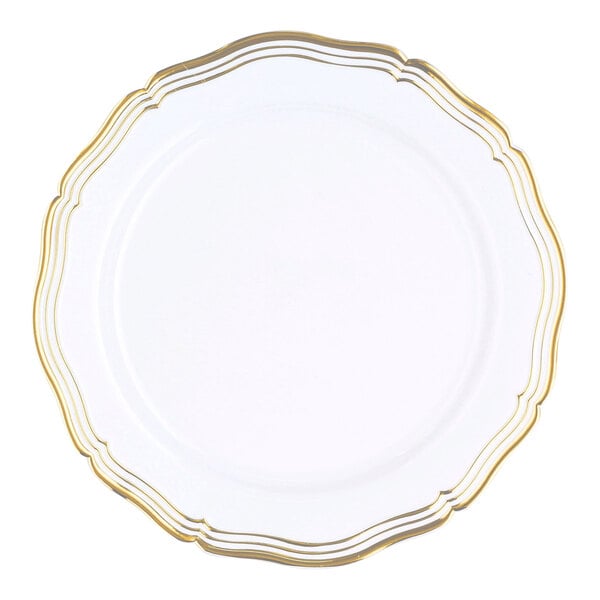A Posh Setting white plastic plate with gold trim.