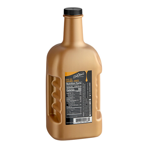 A brown plastic bottle of DaVinci Gourmet Sugar-Free Caramel Flavoring Sauce with a black label.