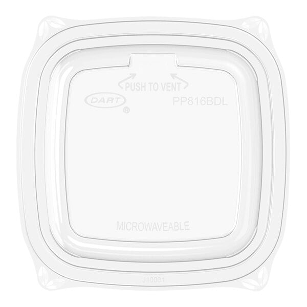 A clear plastic Dart lid with a white border over a clear plastic container.