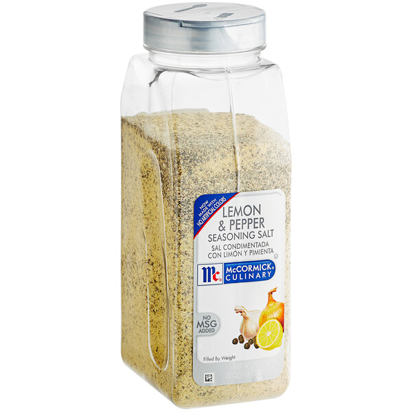 A white and yellow container of McCormick Culinary Lemon and Pepper Seasoning Salt.