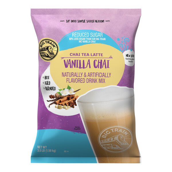 A bag of Big Train Reduced Sugar Vanilla Chai Tea Latte mix.