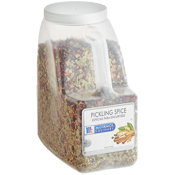A plastic container of McCormick Culinary Pickling Spice with a white label and lid.