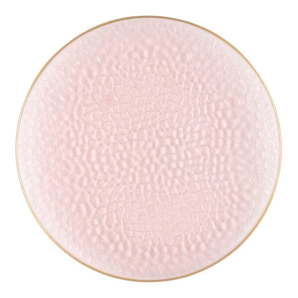 A close-up of a Posh Setting pink plastic coupe plate with a gold rim.