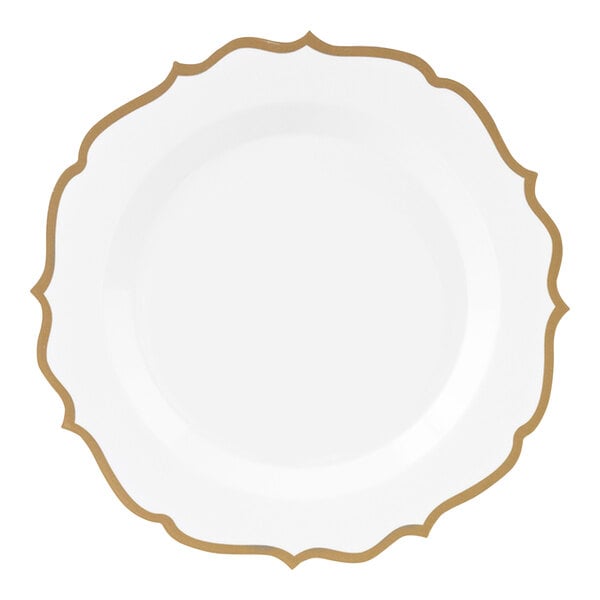 A white plastic plate with gold scalloped bands.