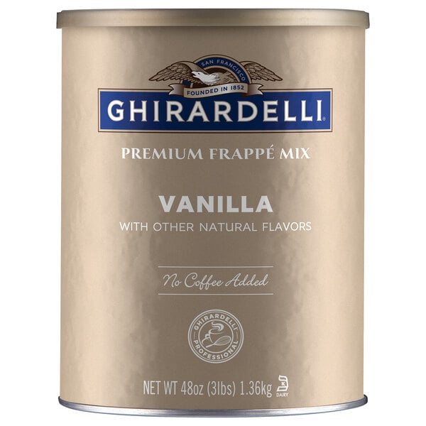 A close up of a Ghirardelli Vanilla Flavored Frappe Beverage Base can. The label is white with brown and gold lettering.