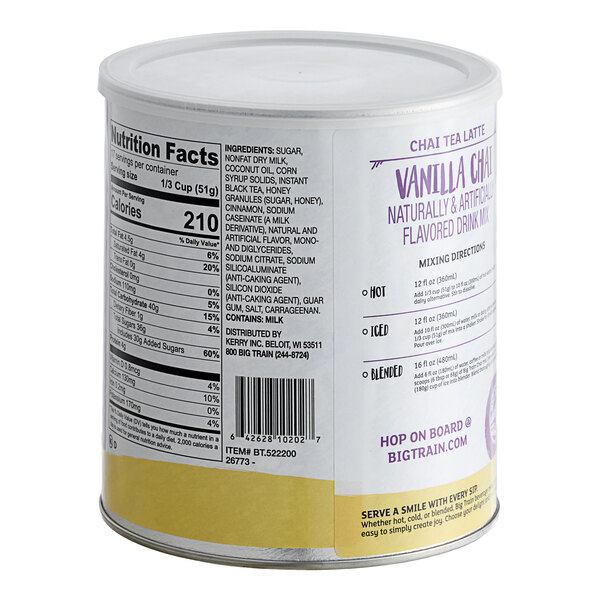 A white Big Train can of Vanilla Chai Tea Latte Mix with a label.