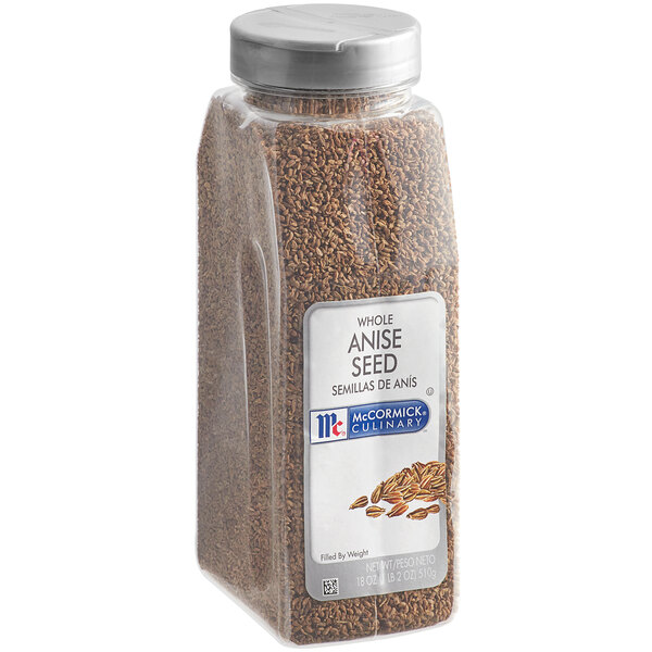 A plastic container of brown McCormick Culinary Anise Seeds.