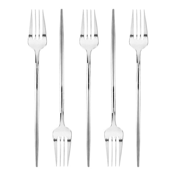 A group of Posh Setting silver plastic forks with four prongs.