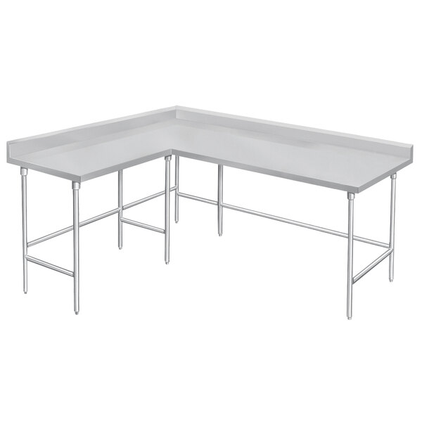 A white rectangular stainless steel work table with two legs.