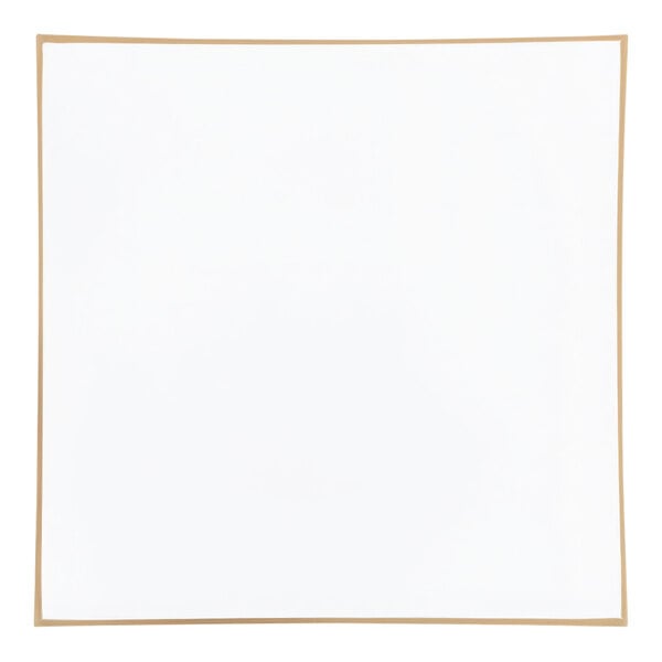 A white square Posh Setting plastic charger plate with a gold border.