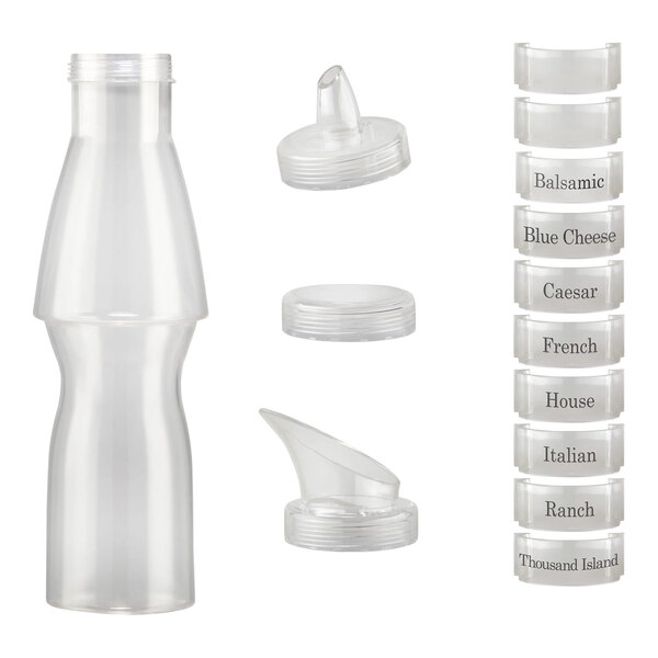 A white plastic Bon Chef salad dressing bottle with black lids.