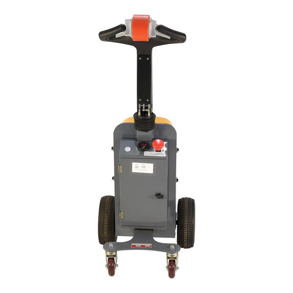 A grey and orange Vestil electric tugger with wheels and a handle.