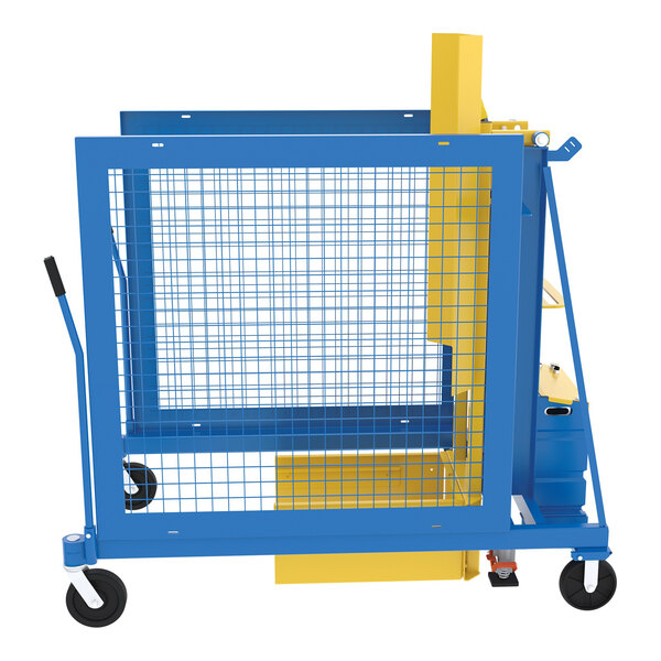 A blue and yellow metal mesh Vestil electric hydraulic trash can dumper on wheels.
