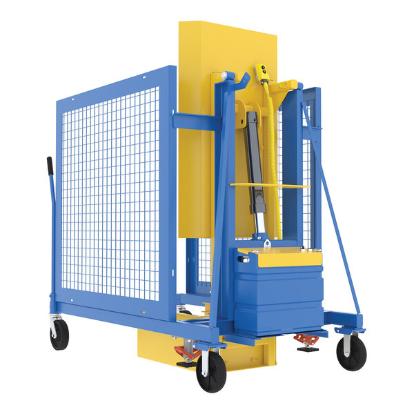 A blue and yellow Vestil electric hydraulic trash can dumper with a blue handle.