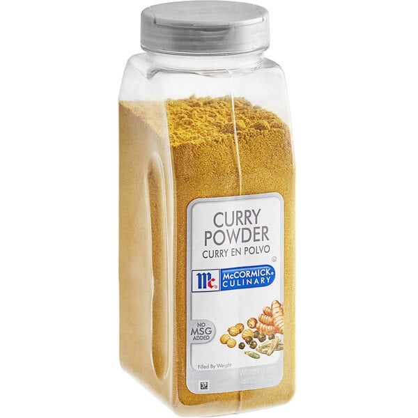 A clear container of yellow McCormick Culinary Curry Powder.