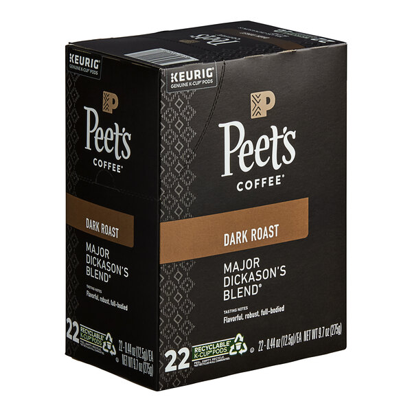 A black box of Peet's Coffee Major Dickason's Blend Single Serve Keurig K-Cup Pods with brown and white text.