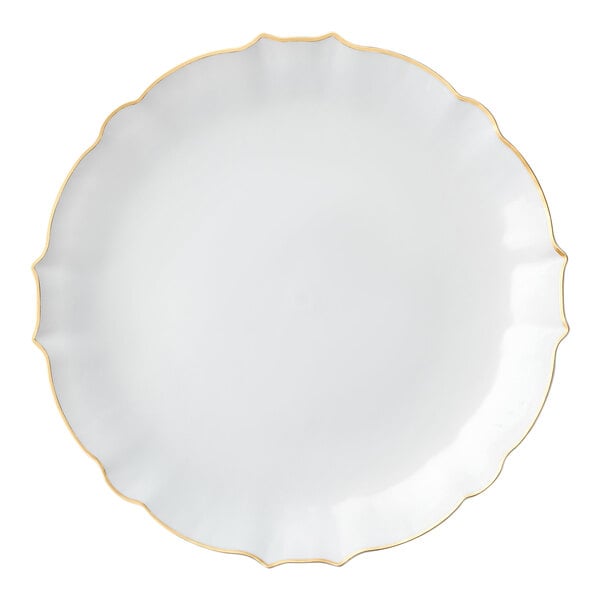 A close up of a Posh Setting white plastic plate with gold trim on the rim.