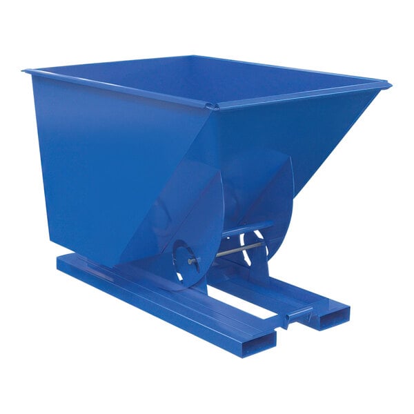 A blue steel forklift hopper with a metal frame.