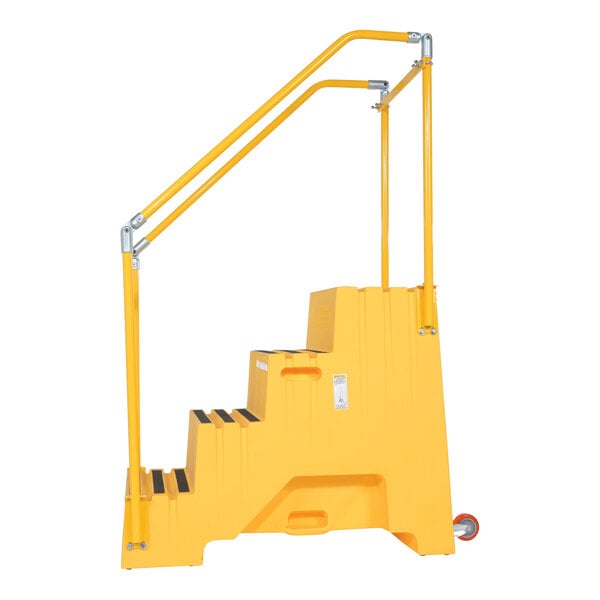 A yellow polyethylene four-step step stool with handrails and casters.