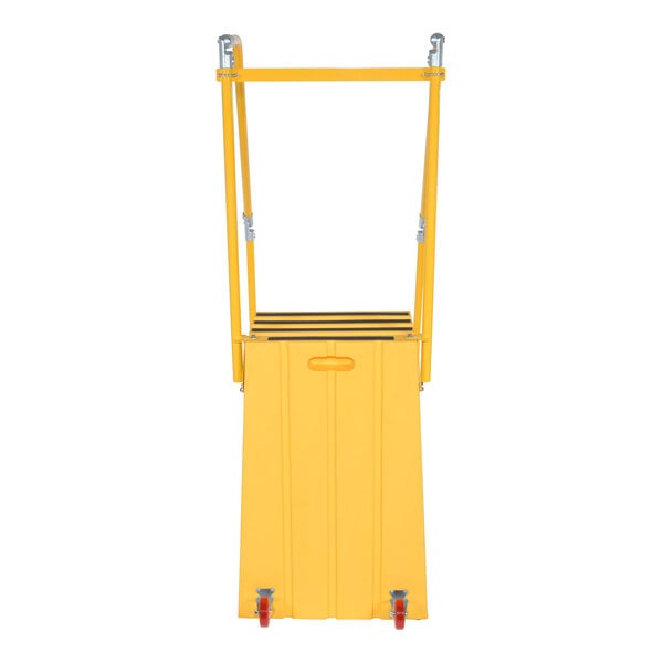A yellow polyethylene four-step step stool with handrails and casters.