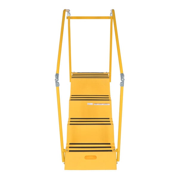 A yellow polyethylene four-step step stool with handrails and casters.
