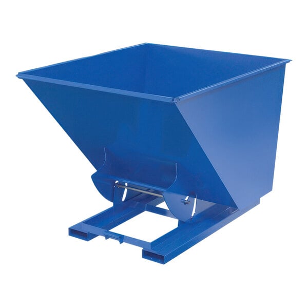 A blue steel forklift hopper with a metal base.