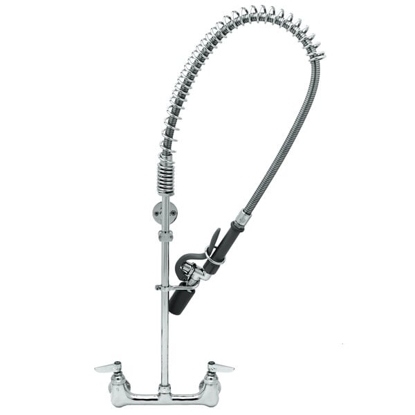 A chrome T&S pre-rinse faucet with a flexible hose.