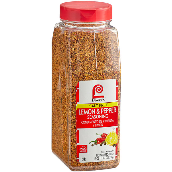 A jar of Lawry's Salt-Free Lemon and Pepper Seasoning with a white label.
