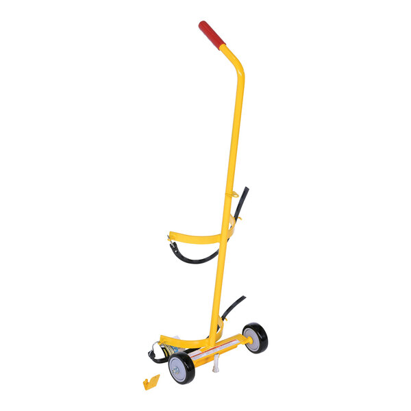 A yellow metal Vestil fire extinguisher carrier with black handles.