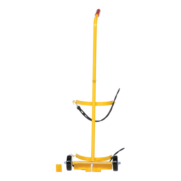 A yellow hand truck with black wheels and a red handle holding a fire extinguisher carrier.