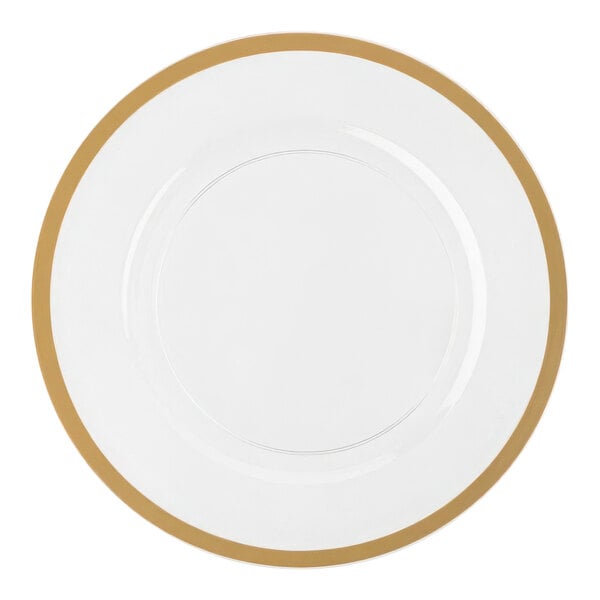 A clear plastic charger plate with a gold rim.