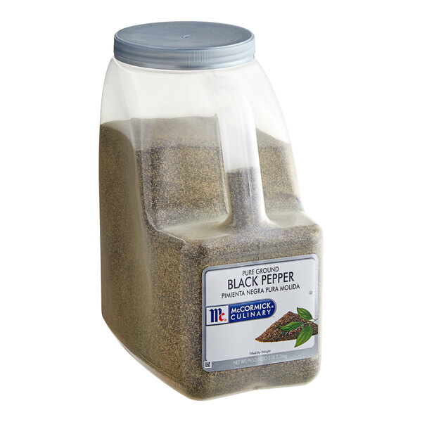 A plastic container of McCormick Culinary Pure Ground Black Pepper with a label and a black lid.