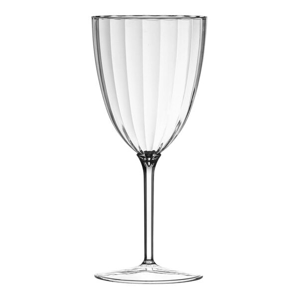 A close-up of a Posh Setting clear plastic wine goblet with a long clear stem.