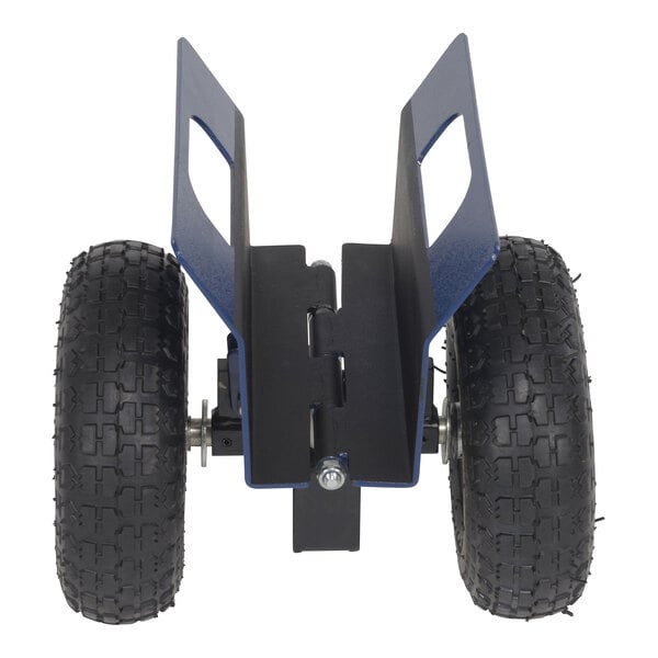 A close-up of a blue and black piece of machinery with two black tires.