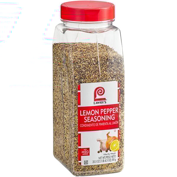 A white and yellow Lawry's jar of Lemon Pepper Seasoning.