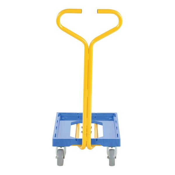 A yellow and blue Vestil polyethylene dolly with wheels.